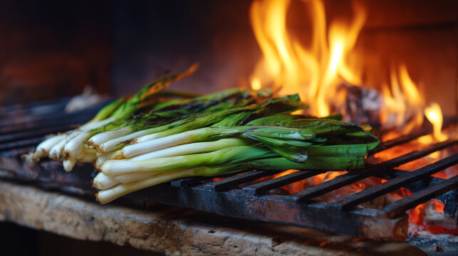 Cal&ccedil;ots tradicionales listos para ser braseados con fuego, aroma ahumado y esencia gastron&oacute;mica catalana