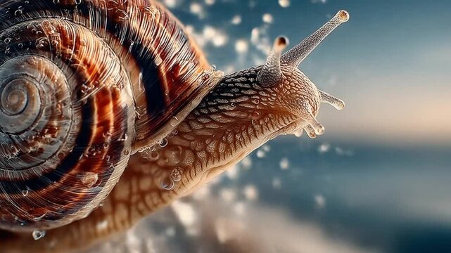 Macro close up of snail with textured shell and water droplets