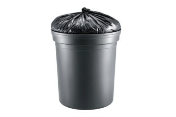 Filled garbage can. Black bag, gray bin. Isolated object