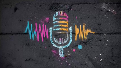 Animated Microphone Sound Wave Graffiti Icon On Dark Wall - Powered by Adobe