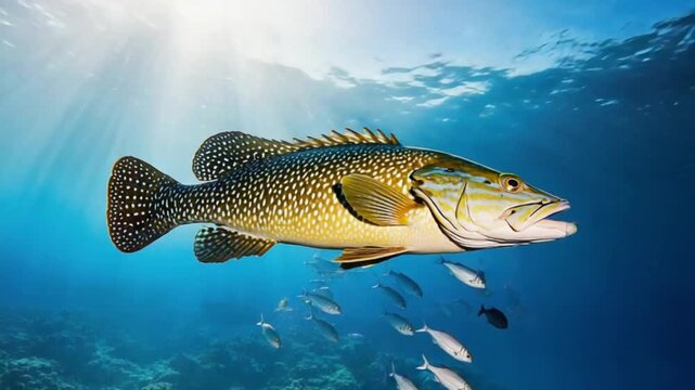 Spotted grouper swims in clear blue water with school of fish near the ocean floor reefs fish video