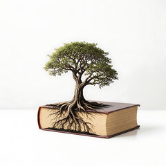 Ancient tree growing out of closed book knowledge literature nature