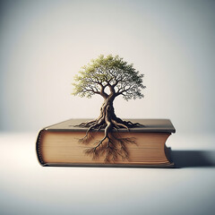 Ancient tree growing out of closed book knowledge literature nature