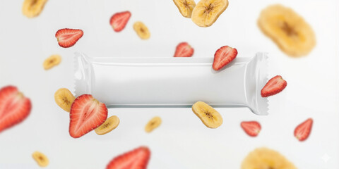 White cereal bar packaging with strawberry and banana pieces floating on white background