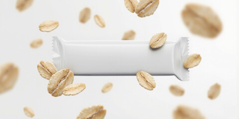 white cereal bar packaging with oat flakes floating on white background