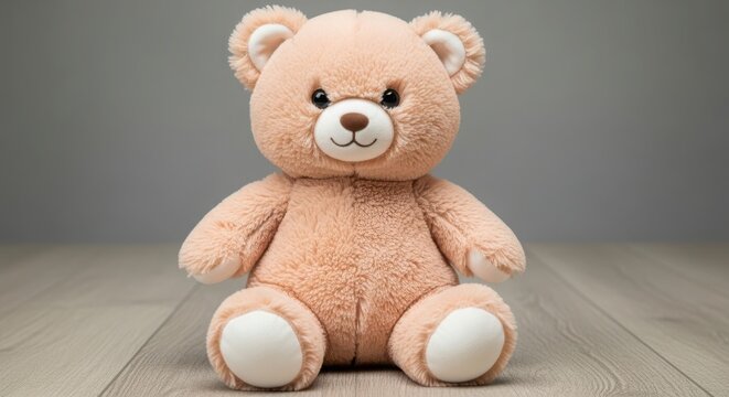 Cute teddy bear sitting on wooden floor with gray background