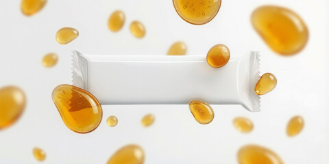 White cereal bar packaging with honey drops floating on white background