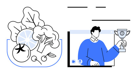 Fresh vegetables in a bowl paired with a man holding a virtual trophy displayed on a screen. Ideal for themes thumbs up health, nutrition, wellness, remote work, education, online success, balance