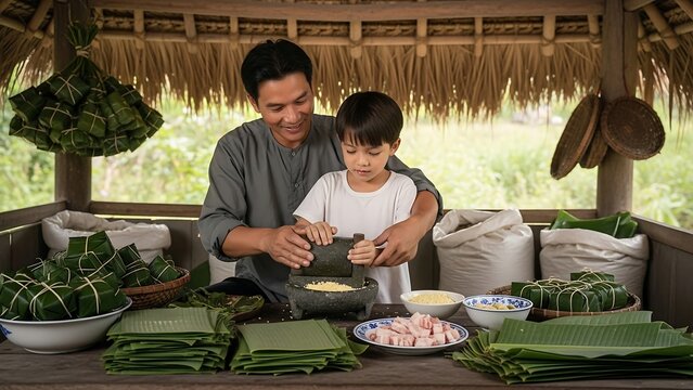 Father and Son Preparing Traditional Vietnamese Cake Together.