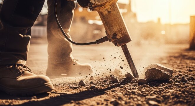 Construction worker using jackhammer to break rock on construction site
