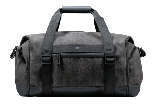 Gray duffel bag, centered, leather accents, black background