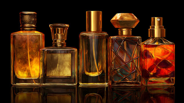 Elegant perfume bottles with golden accents displayed against a showcasing luxury and sophistication for fragrance advertising