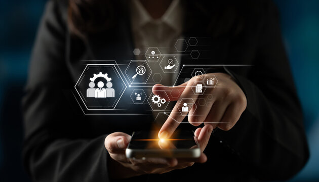 Business management system showing teamwork, productivity, and planning. Management supports goal, management tracks progress, management improves teamwork, and enhances productivity. Latch