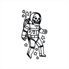 Grotesque skeleton astronaut exploring space, surrounded by charming stars in a unique monochrome design