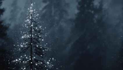 Illuminated evergreen against a dark, foggy forest backdrop