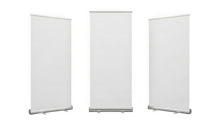 Three blank roll up banner stands isolated on transparent background in different views