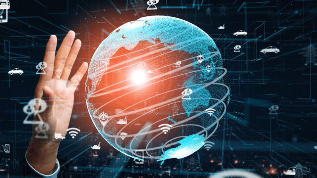 A futuristic digital concept showcasing a hand reaching out to touch a global network, symbolizing connectivity, technology, and modern innovation in a dynamic city atmosphere. Xenic