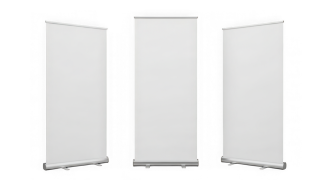 Three blank roll up banner stands isolated on transparent background in different views