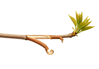 Capture the essence of springtime renewal with fresh leaves emerging from a budding branch against a transparent backdrop, symbolizing growth and potential