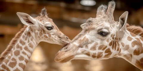 Obraz premium Close-up Horizontal Portrait of Mother Giraffe and Calf Nuzzling Affectionately in Soft Light