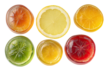 Colorful citrus slices and candies on black backdrop