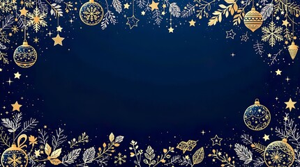 Gold outline ornaments frame deep ocean blue Christmas vector with modern Nordic style