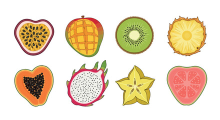 Sliced tropical fruits assortment with transparent background