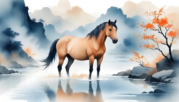 A minimalist ink painting of a horse drinking from a river, set against a red background with cherry blossoms and lanterns