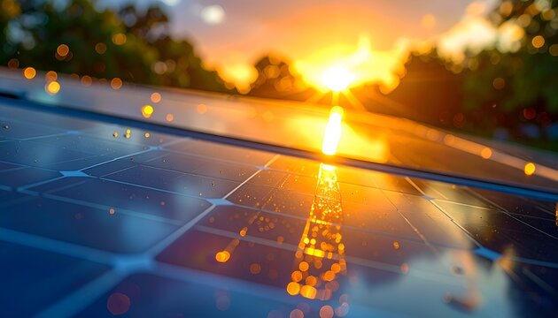 Solar panels reflect a vibrant sunset, with glowing energy dots, & blurred forest - Powered by Adobe