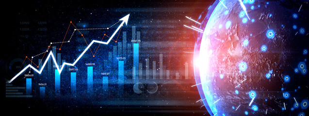 This abstract stock image showcases the concept of financial growth, featuring upward trends and data elements against a cosmic backdrop, ideal for business visuals. Scalp