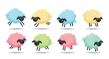 Colorful jumping sheep characters with transparent background