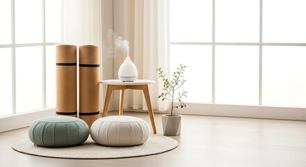 A serene home wellness corner featuring an aromatherapy diffuser, yoga mats, and floor cushions, perfect for relaxation and meditation. Enhance your mindful living space.