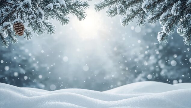 Winter snow scene with pine branches and snowfall