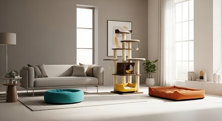 A stylish, modern living room interior featuring a large cat tree, comfortable pet beds, and minimalist decor. Ideal for pet owners looking for chic home inspiration.