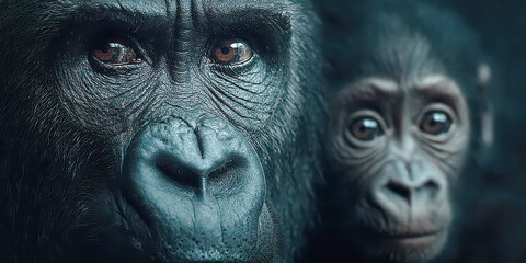 Close-up Portrait of a Gorilla Mother and Baby with Intense Expressions