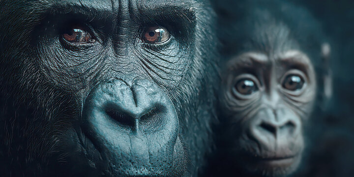Close-up Portrait of a Gorilla Mother and Baby with Intense Expressions
