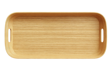 Rectangular wooden tray with handles, light wood grain