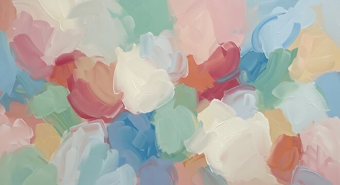 Soft pastel abstract painting with blended strokes of pink, blue, green, and cream