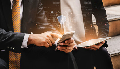 Cyber security interface with biometric and AI-powered protection system. Cyber security secures...