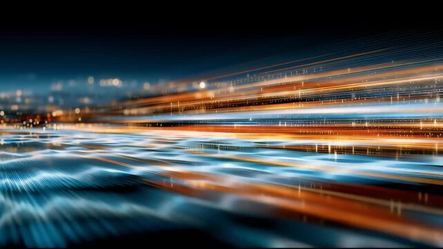 Velocity: An abstract composition of light trails blurs across the scene, creating a sense of movement and speed, evoking the dynamism of modern life.