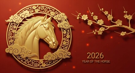 Golden horse ornament with blossoms for chinese new year 2026 celebration