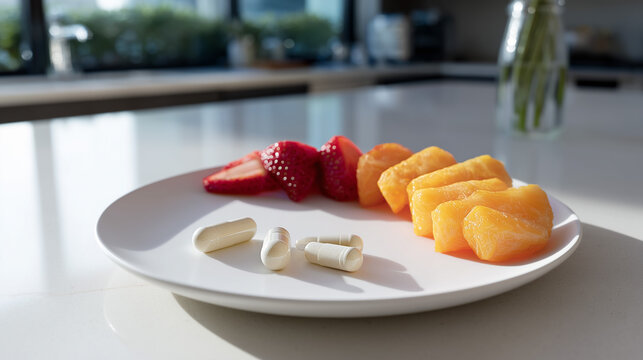 Dietary supplement capsules plated with fresh strawberries and mango on white kitchen counter - Powered by Adobe