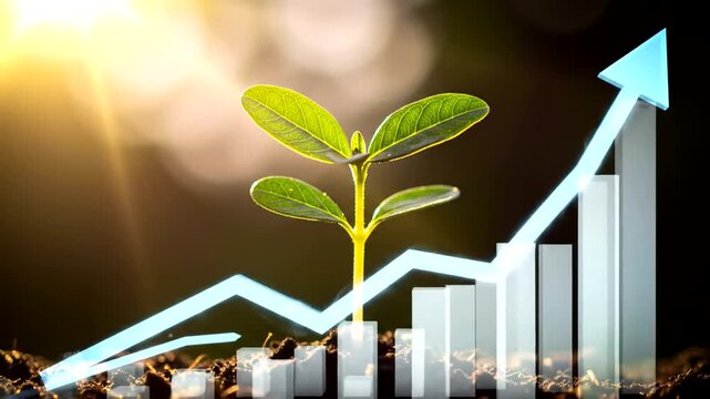 Green seedling growing in soil with upward trend graph and sunlight