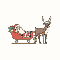 Fototapeta premium Santa Claus sleeping in a sleigh pulled by a reindeer, with gifts.