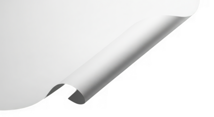 White paper sheet with curled corner isolated on transparent background