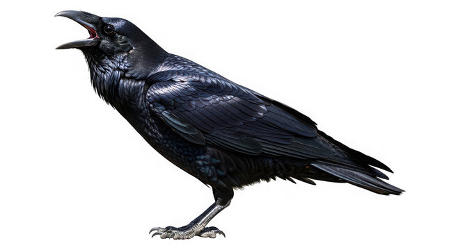 Closeup of a black raven with open beak isolated on transparent background, showcasing its glossy feathers and powerful presence