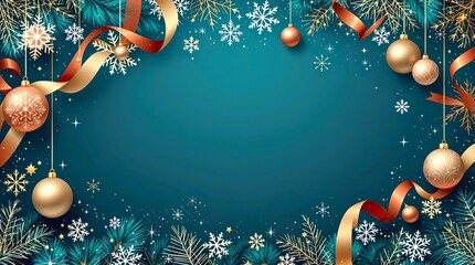 Copper ornaments form elegant frame on bold teal Christmas vector with spacious copyspace