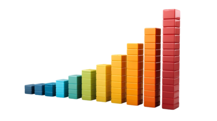 Colorful building blocks arranged in an ascending bar graph showing growth and progress against a dark background
