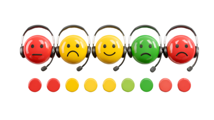 Five smiley face emotion indicators showing a range of feelings from happy to sad with corresponding colored lights