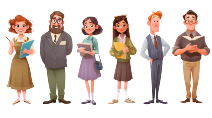 Diverse group of stylized cartoon characters standing together in a line